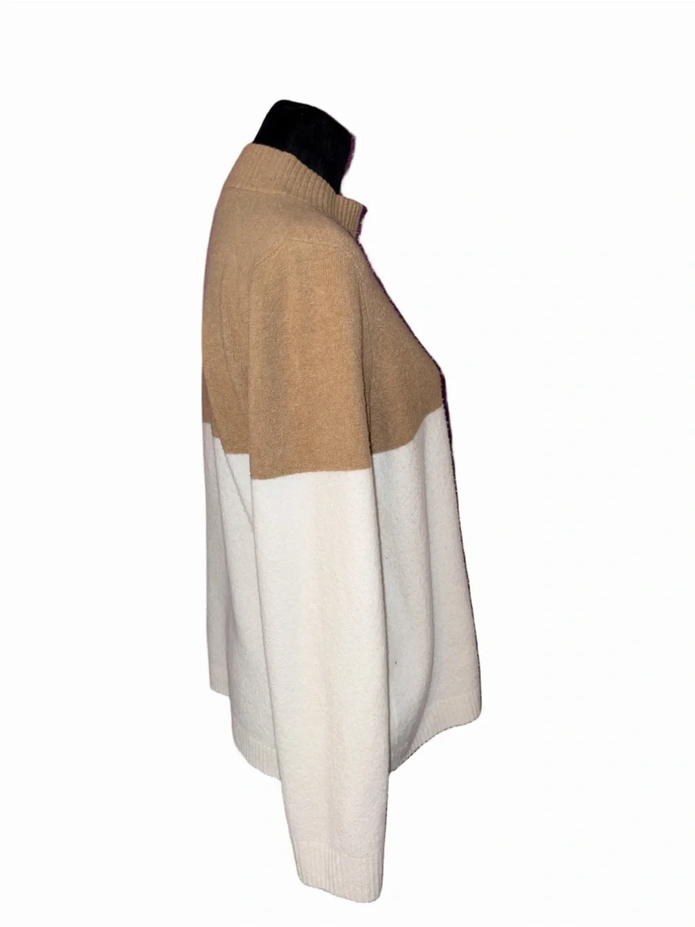 🆕💜J.Crew Colorblock Half Zip Sweater Women’s XL Camel Ivory Mock Neck Wool Blend